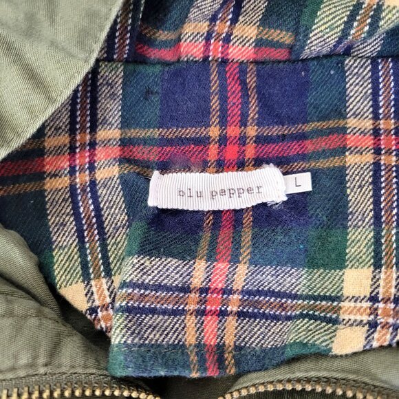 Blu Pepper Women's Green Jacket With Plaid Lined Hood Long Sleeve Snap & Zipper - Picture 3 of 3